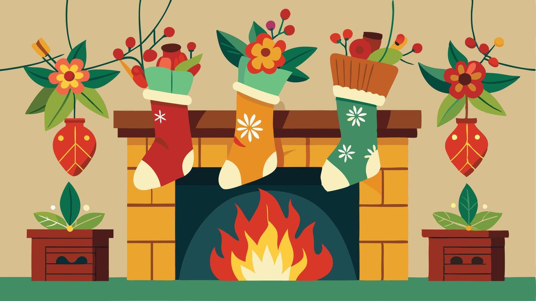 Colorful festive stockings hang above a warm fireplace decorated with flowers and plants during a cheerful holiday gathering vector