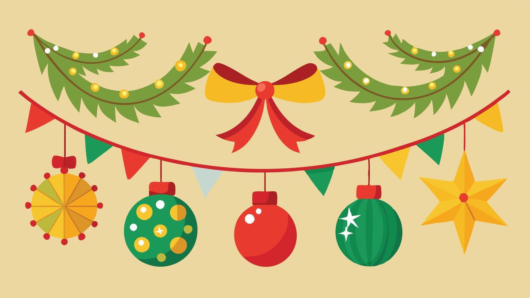 Colorful holiday decorations featuring garlands, ornaments, and a bow designed for festive celebrations during the winter season vector