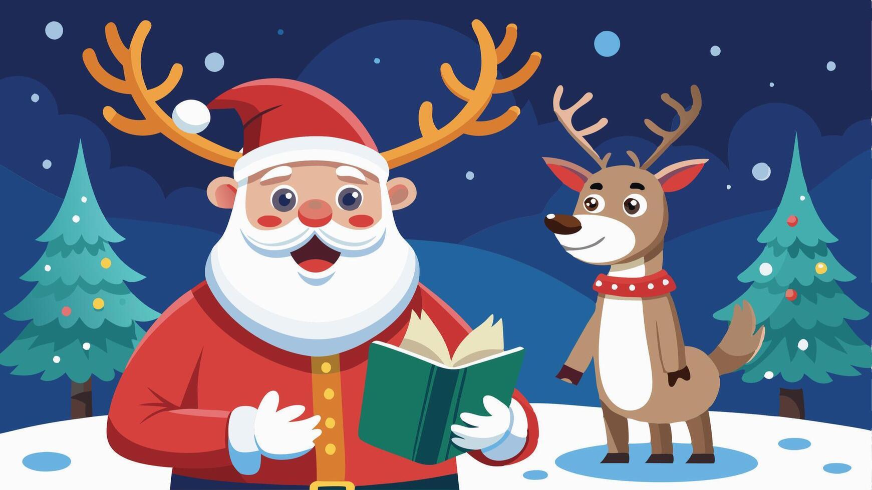 Cheerful Santa Claus reading a book with a reindeer in a snowy forest at night during the holiday season vector