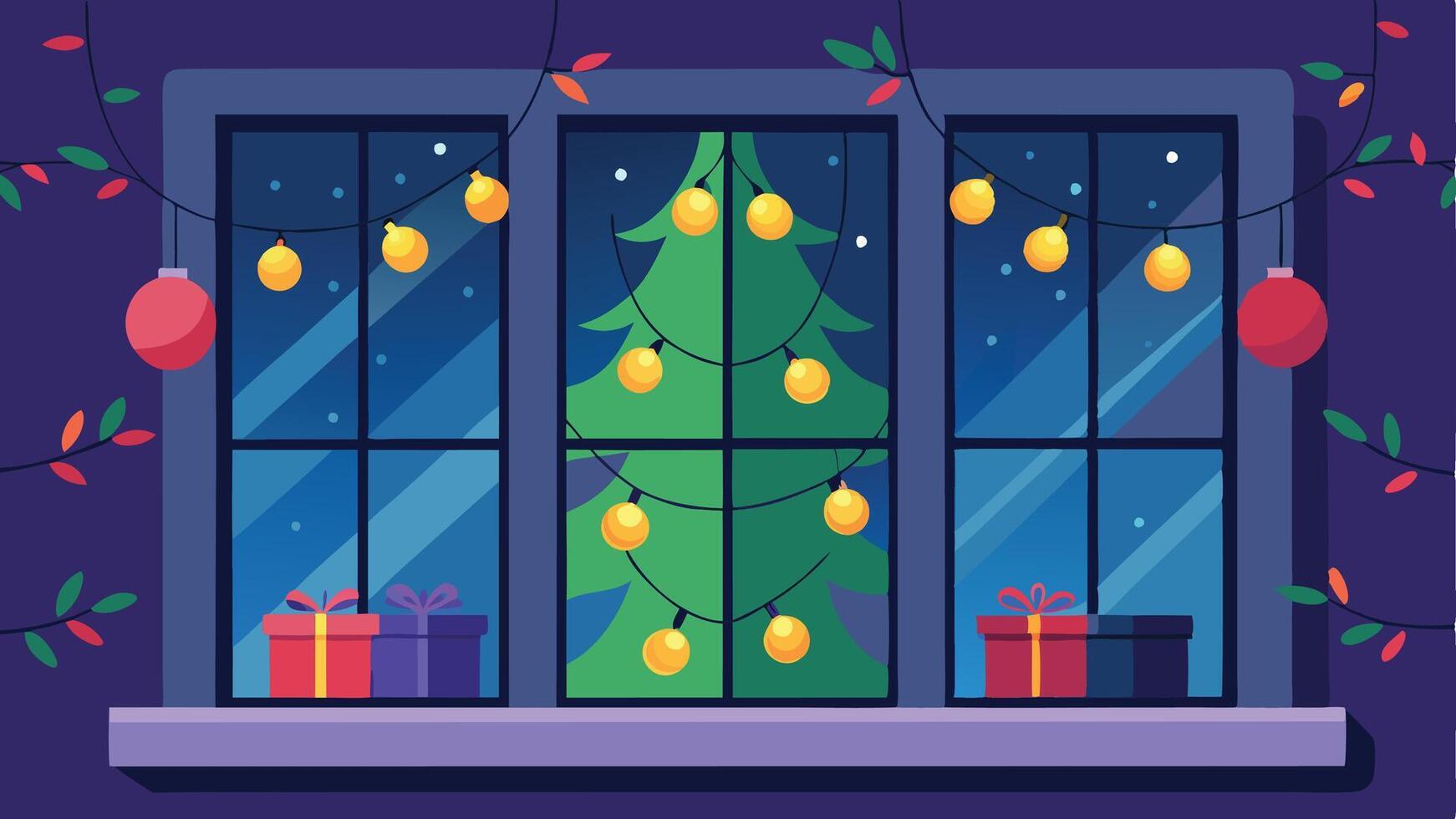 A cozy winter night view through a window featuring a decorated Christmas tree, colorful lights, and festive gifts adorned with ribbons and bows vector