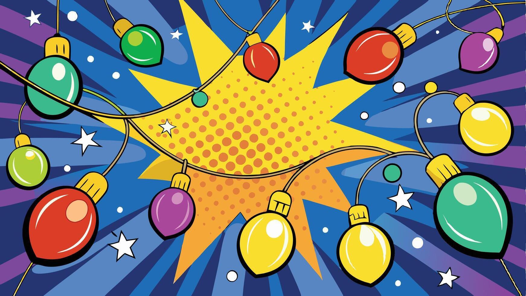 Colorful decorative lights hanging against a vibrant blue background with star patterns during the festive winter season vector