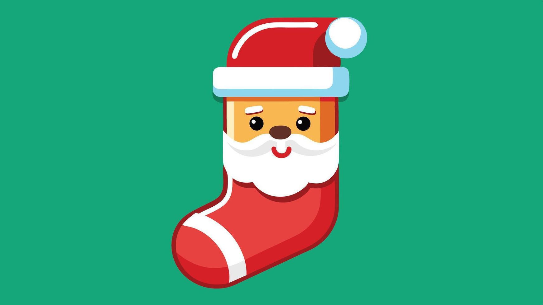 Cute cartoon illustration of a Santa Claus-themed Christmas stocking with a smiling face, on a vibrant green background, perfect for holiday decorations and festive cheer vector