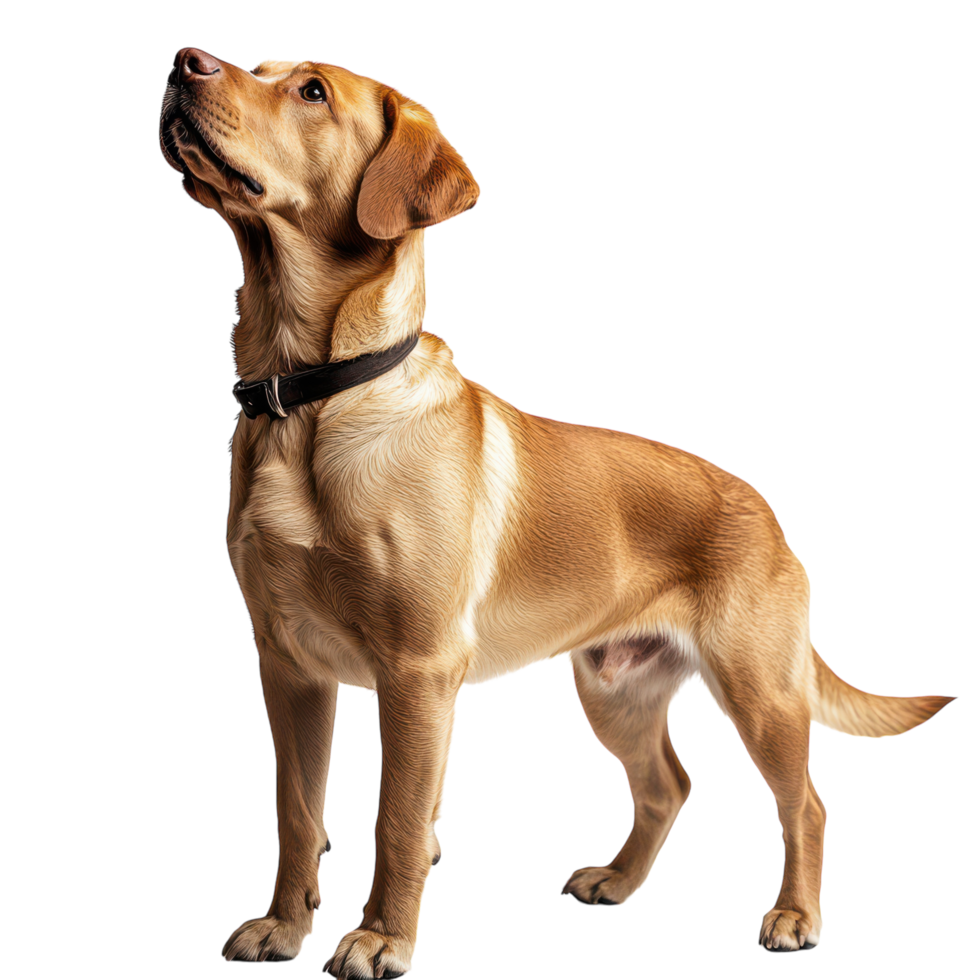 Playful Labrador retriever looking up with curiosity indoors png