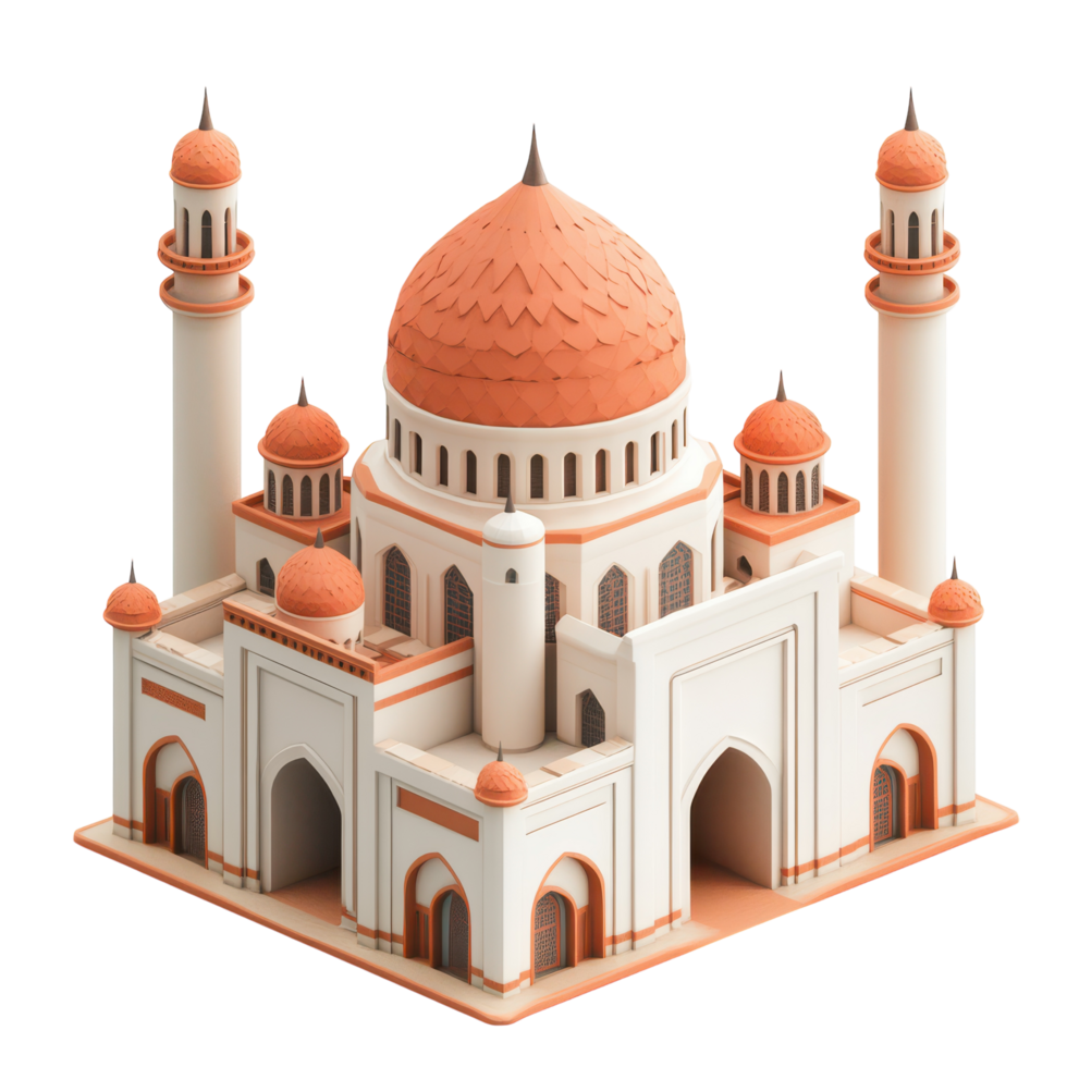 Artistic miniature of a traditional mosque with domes and minarets png