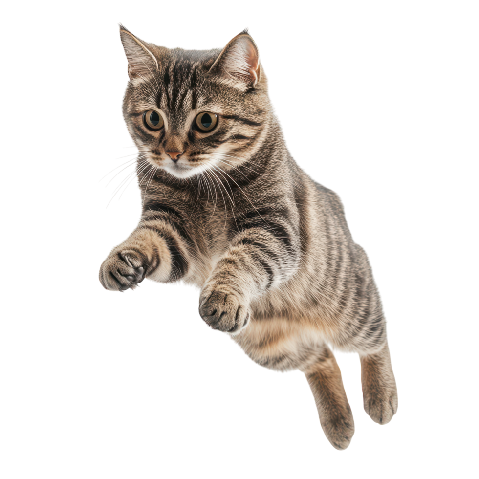 Adorable tabby cat leaps playfully in bright studio setting png