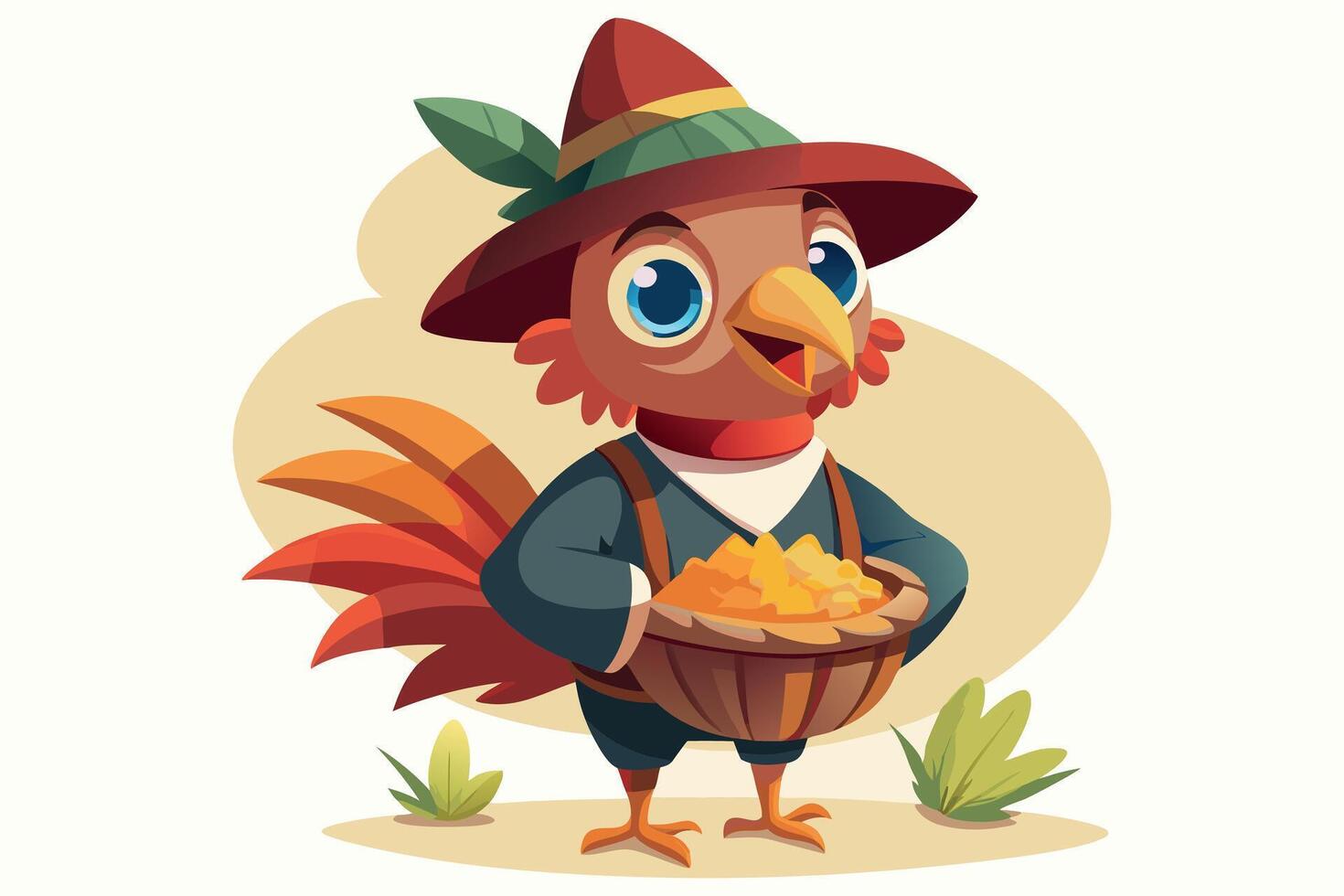 Happy turkey with hat and basket of food, Thanksgiving cartoon with background. For holiday posters, digital designs, festive decor vector