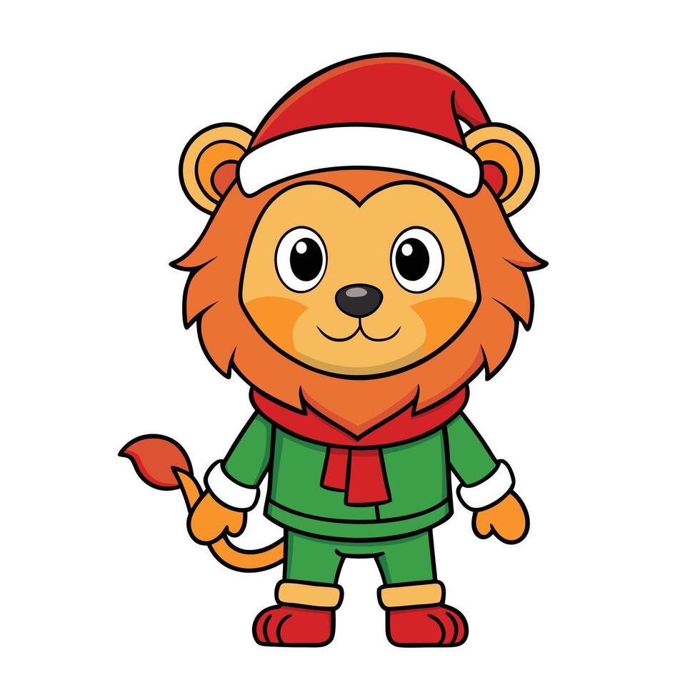 Adorable Lion Dressed in Santa Hat and Elf Costume Perfect for Christmas Projects vector