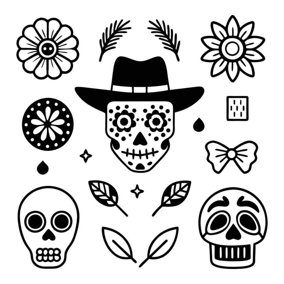 Mexican Holiday Skull and Flower Icons in Black and White, Perfect for Day of the Dead Designs vector