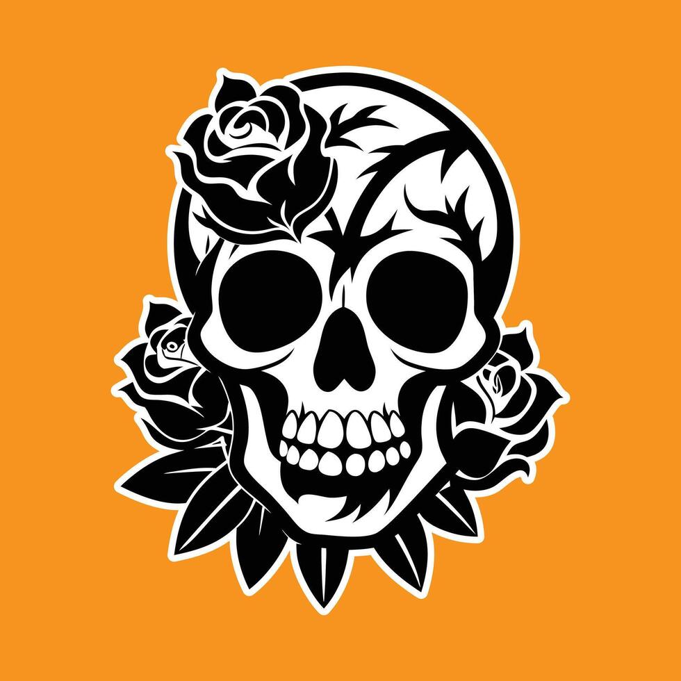 Black and White Skull with Roses on Orange Background vector