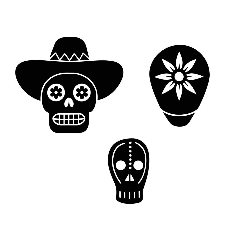 Cultural Mexican Day of the Dead Icons with Skulls, Guitar, and Floral Decorations vector