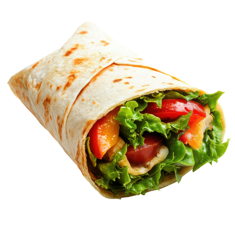 Freshly wrapped tortilla filled with vibrant vegetables and chicken png
