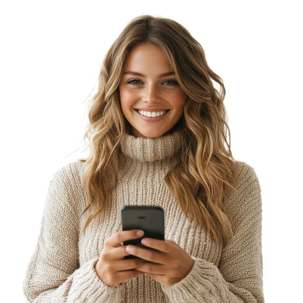 Young woman smiling while texting on a smartphone indoors png