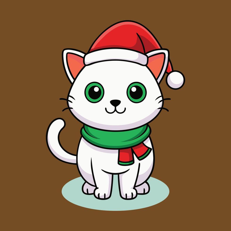 Festive Cartoon Cat in Santa Hat and Plaid Scarf vector