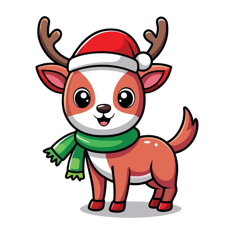 Kawaii Reindeer with Santa Hat and Green Scarf for Christmas vector