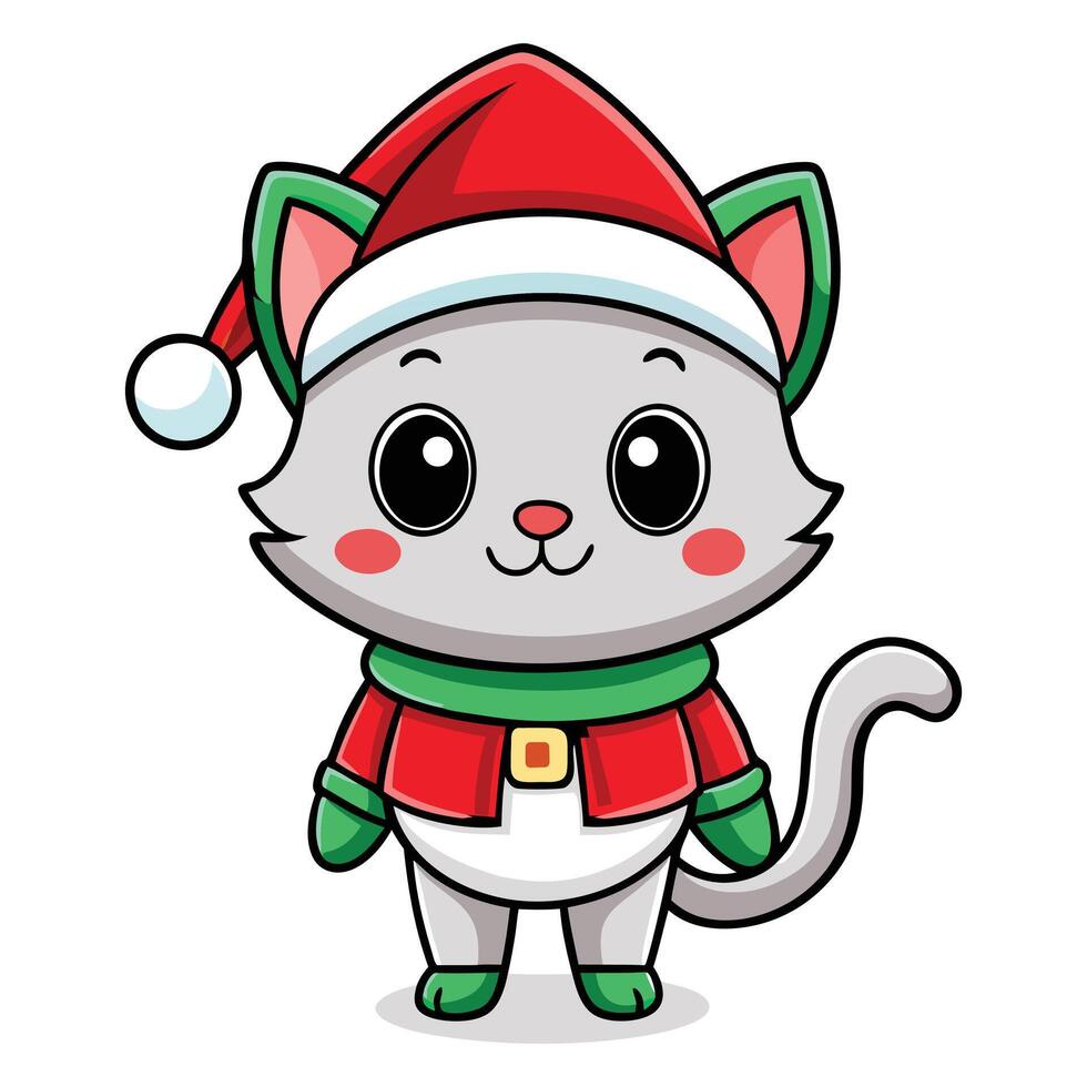 Adorable Grey Cat Dressed as Santa Claus Christmas Cartoon Character vector