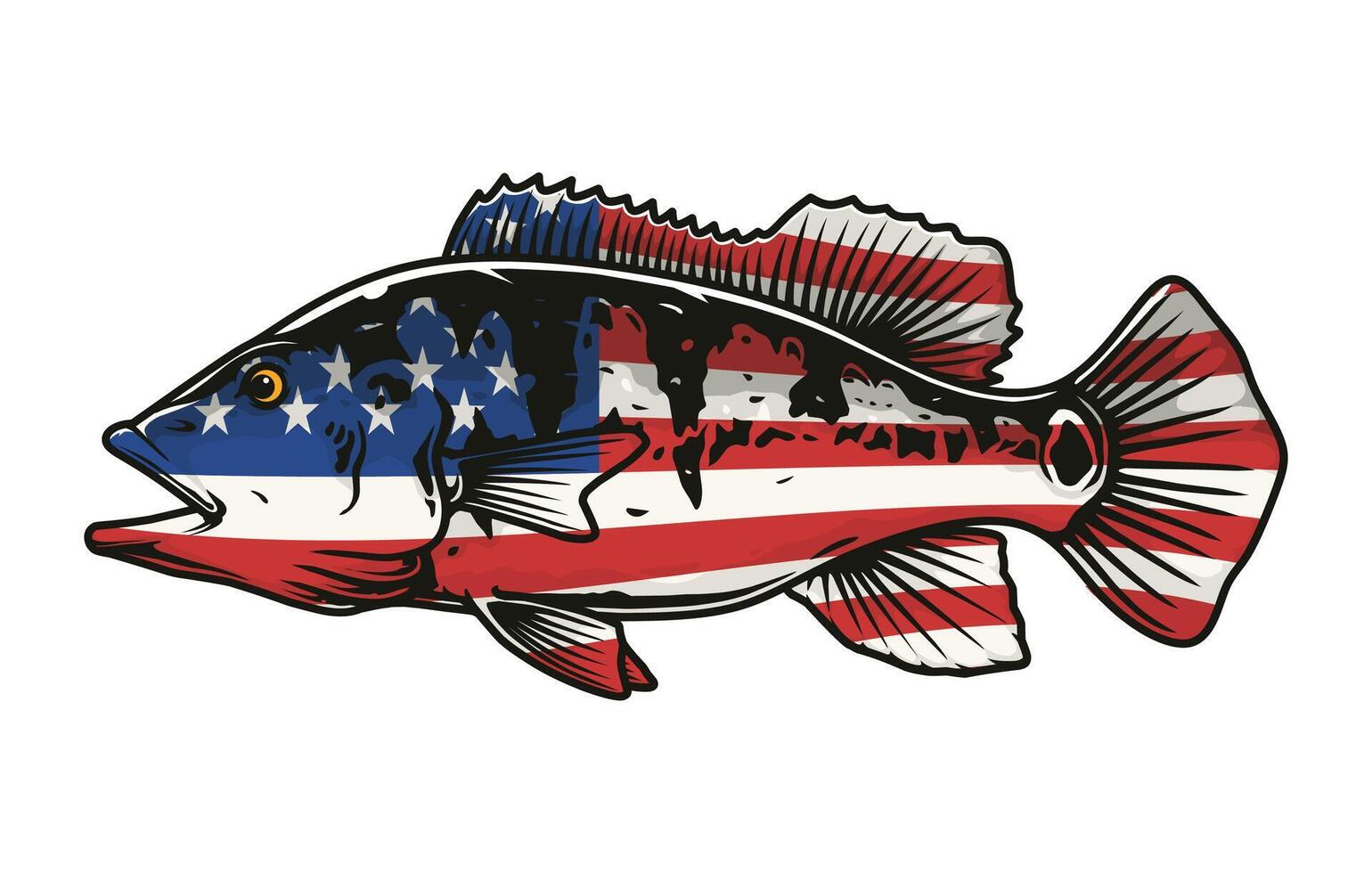 Peacock bass fish with usa flag pattern drawing vector