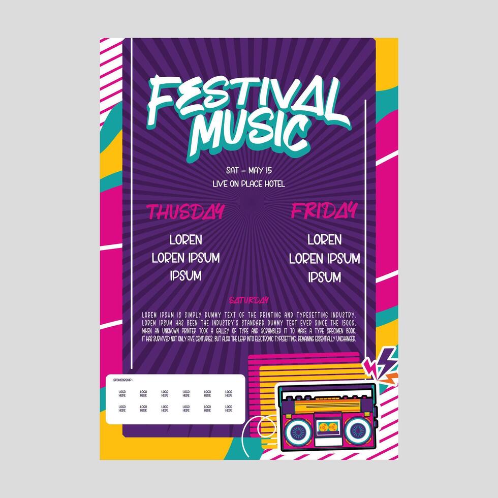 a festival music poster with a cassette player and music vector