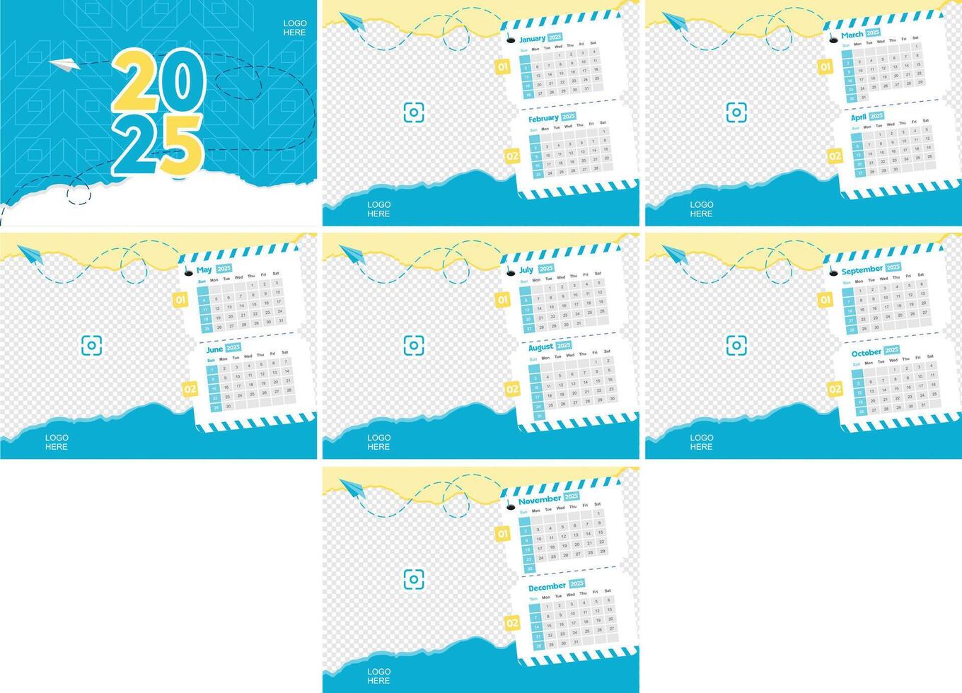 a calendar with blue and yellow designs vector