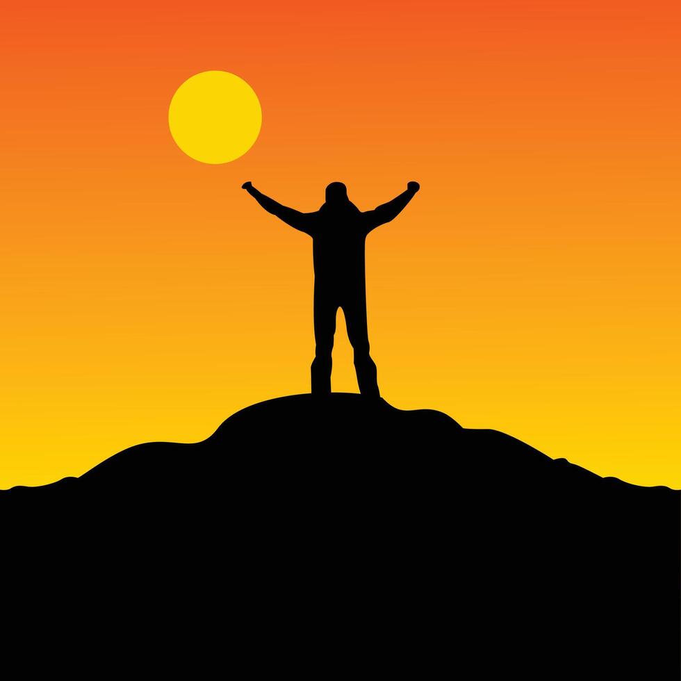 a man is on the top with his arms spread out looking at the sunset, symbolizing freedom, illustration of freedom vector