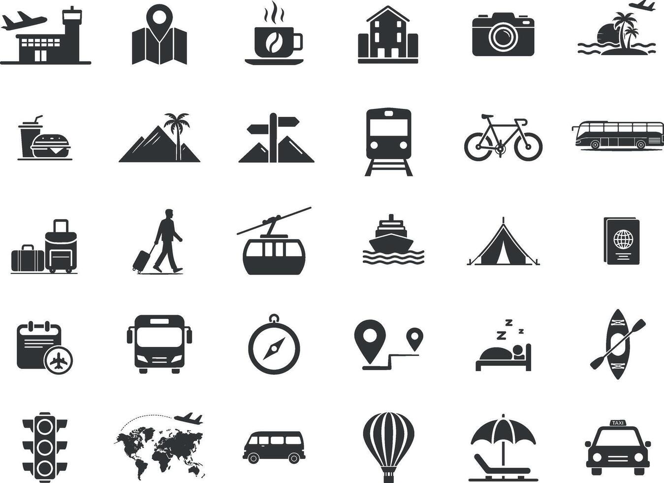 A set of 28 black and white Travel Icons Journey, Adventure, Exploration, Transportation transportation, accommodation, activities, and destinations vector
