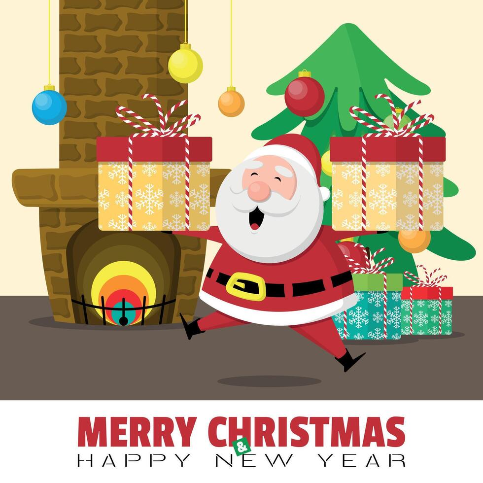 Merry Christmas and Happy New Year poster with santa came to the house with gifts vector