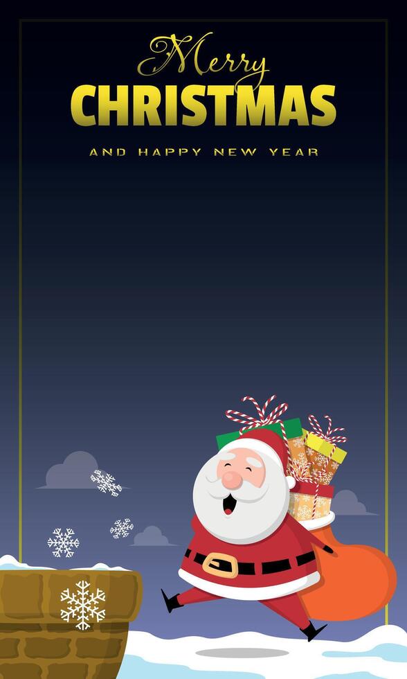 Merry Christmas and Happy New Year template with Santa Claus is on the roof carrying a sack of gifts vector