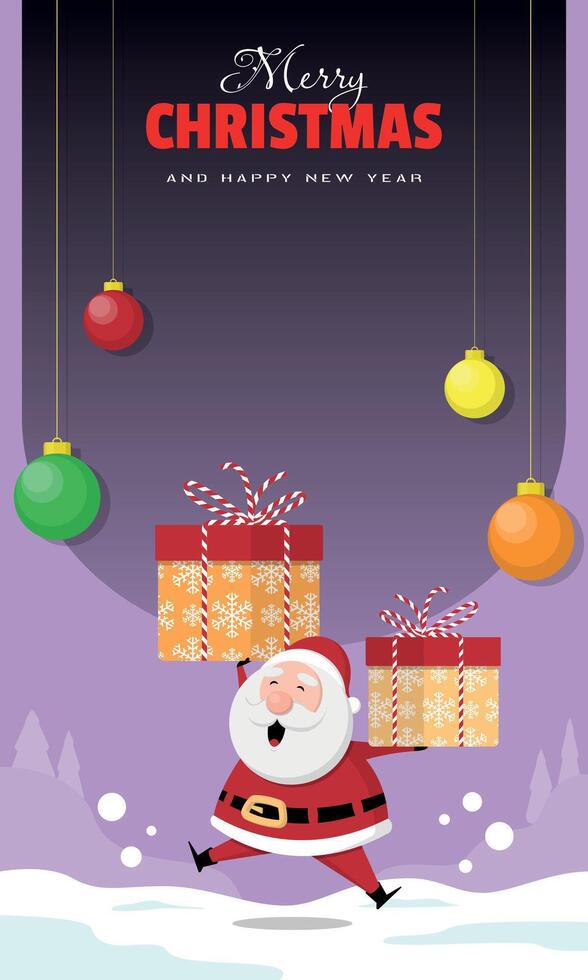 Merry Christmas and Happy New Year template with santa claus holding gift box on snow field vector