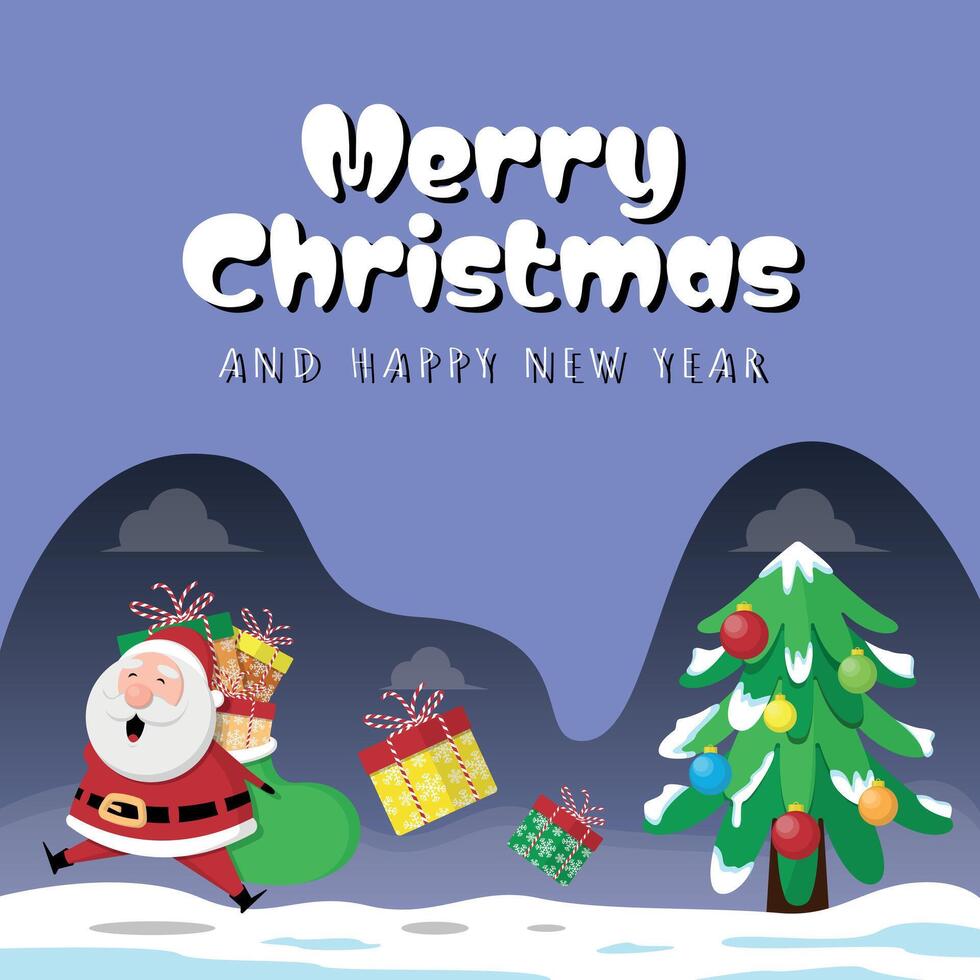 Merry Christmas and Happy New Year poster with santasanta jumps dropping gift boxes vector
