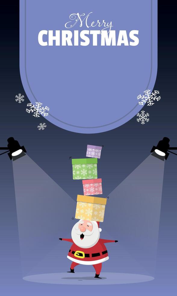 Merry Christmas template with Santa maintains balance while carrying a pile of presents on his head vector