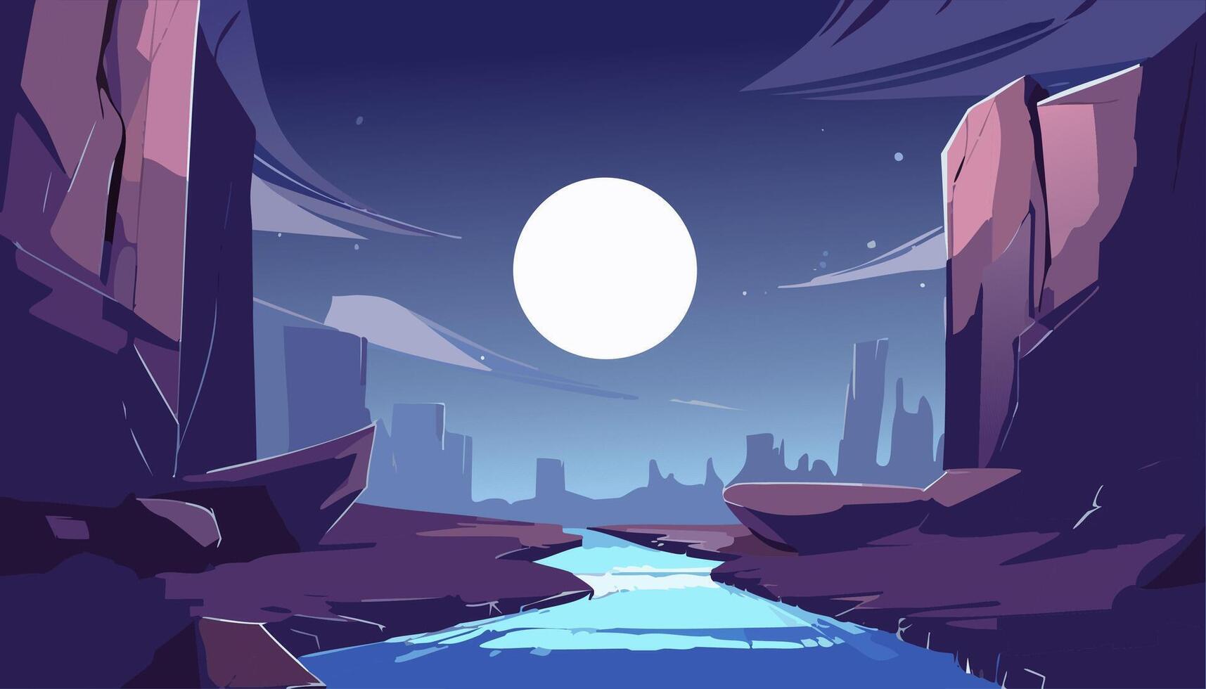 Night landscape with a river and a full moon illustration. vector
