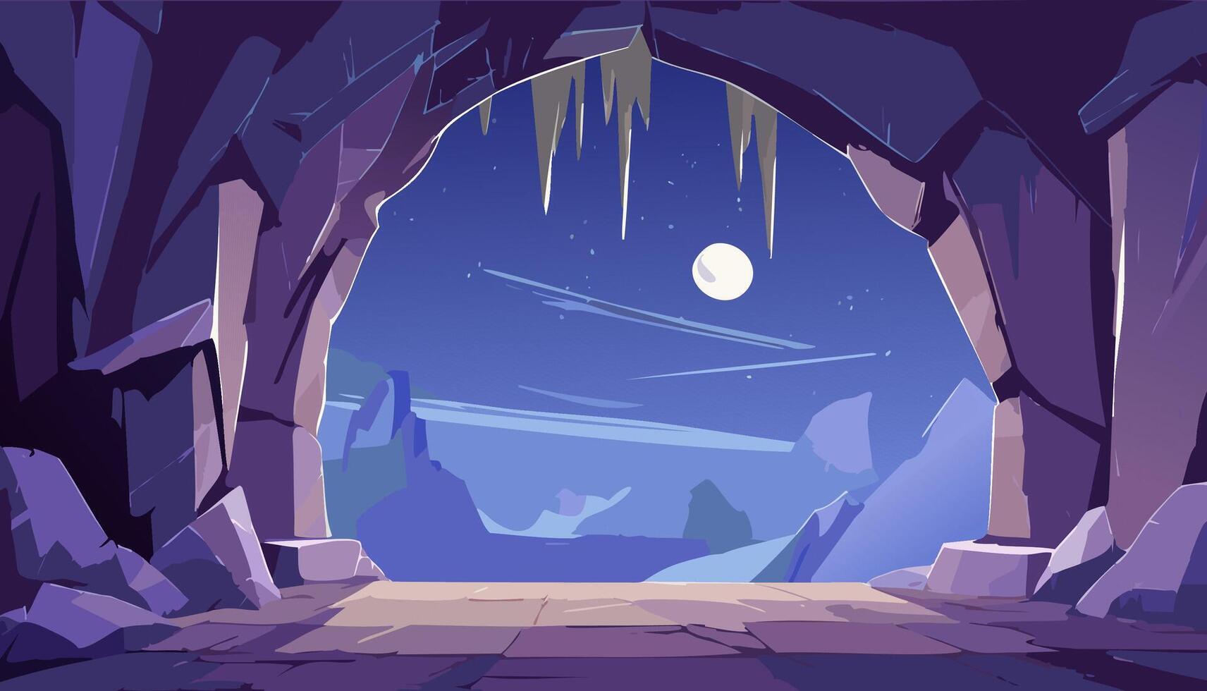 Cartoon cave with a full moon and mountains view in the night illustration. vector