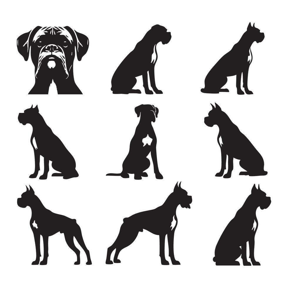 Solid black silhouette of a boxer dog resting on a clean white backdrop vector