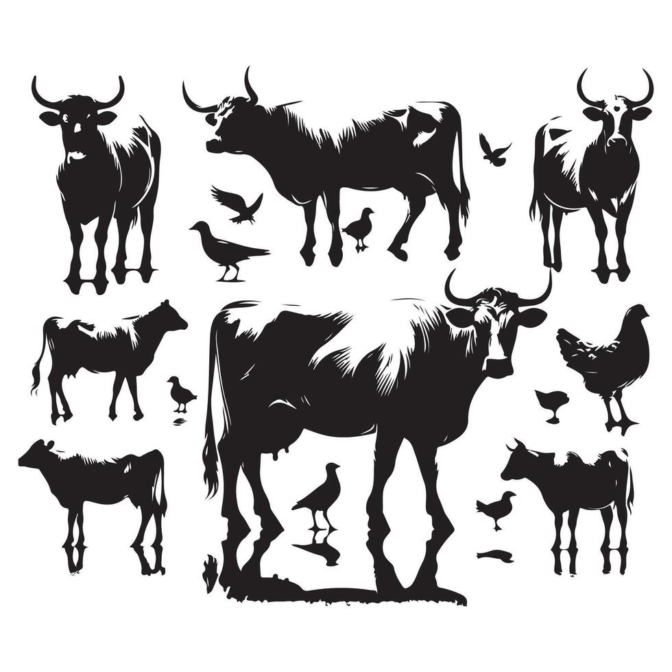 Series of cow illustrations in silhouette form on a white background vector