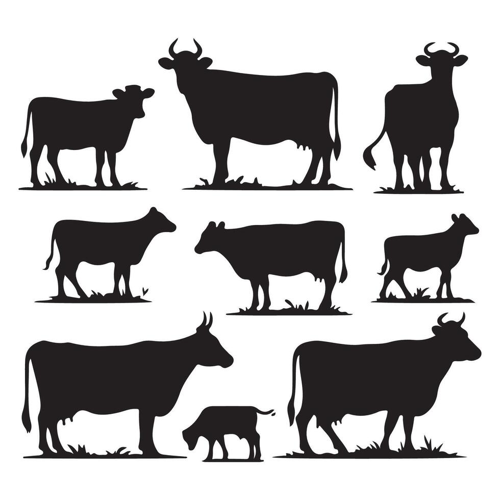 Cluster of cow silhouette designs featured on a white background vector