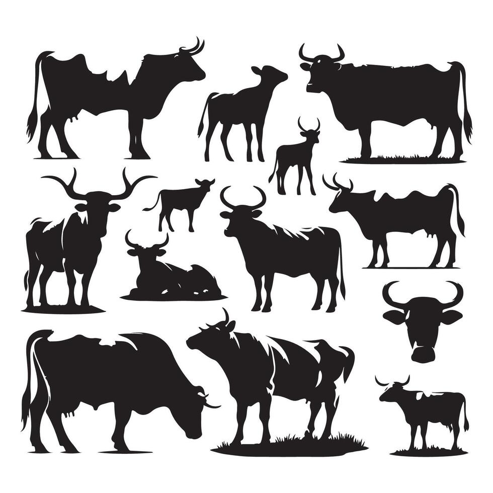 Batch of cow silhouette illustrations set against a white backdrop vector