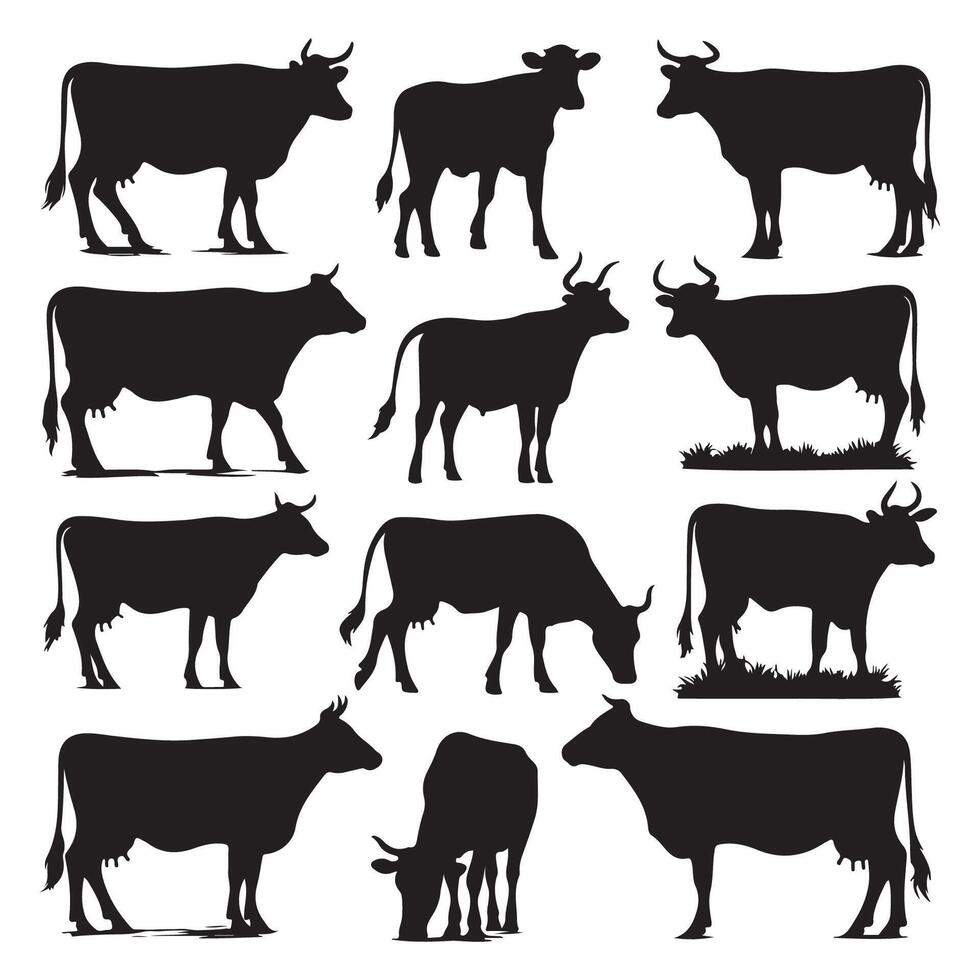 Cluster of cow silhouettes illustrated against a white background vector