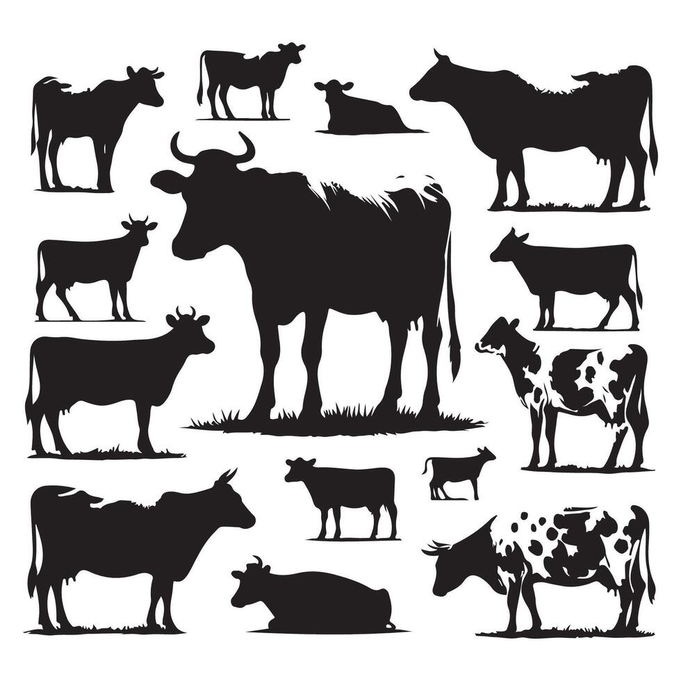 Series of silhouette illustrations showcasing cows on a white surface vector