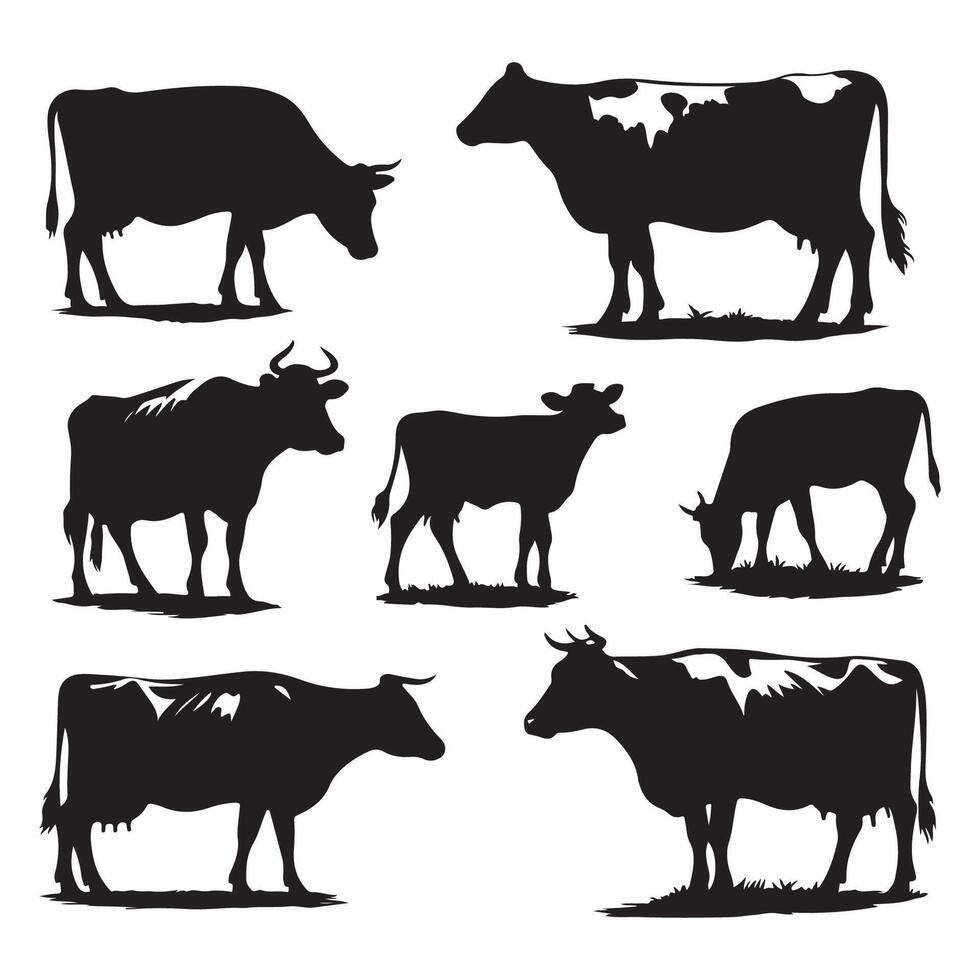 Group of cow silhouettes illustrated against a white backdrop vector