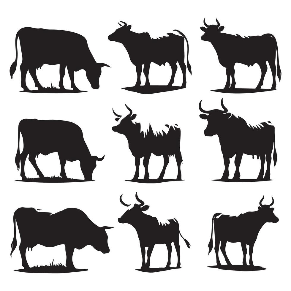 Set of cow illustrations in silhouette form featured on a white surface vector
