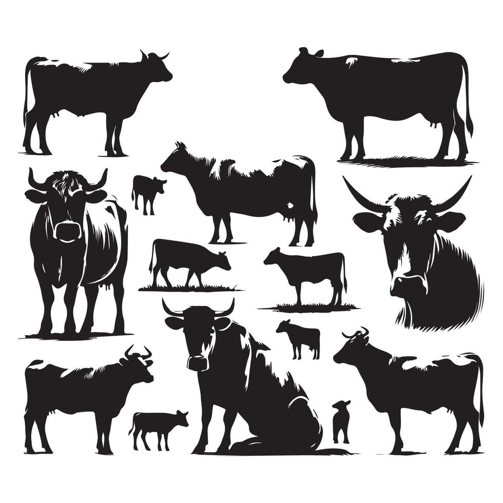 Selection of cow silhouette illustrations arranged on a white background vector