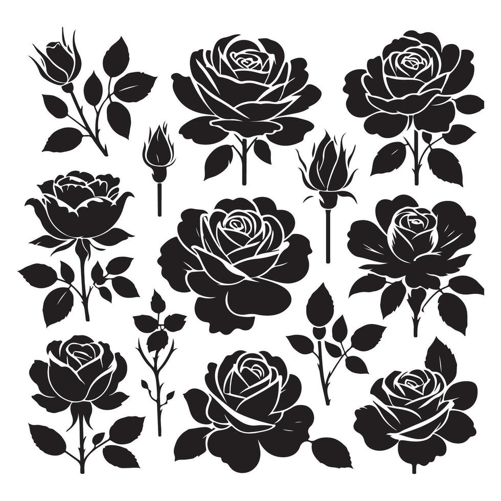 Ensemble of rose silhouettes against a plain white backdrop vector