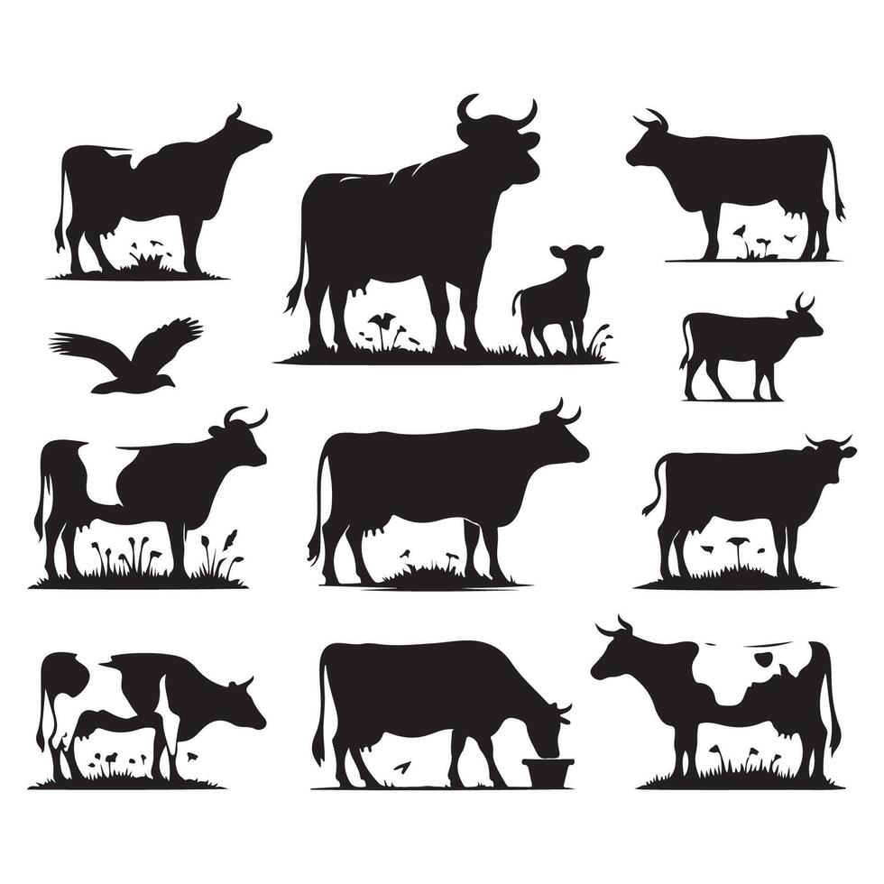 Group of cow silhouette illustrations featured on a white canvas vector