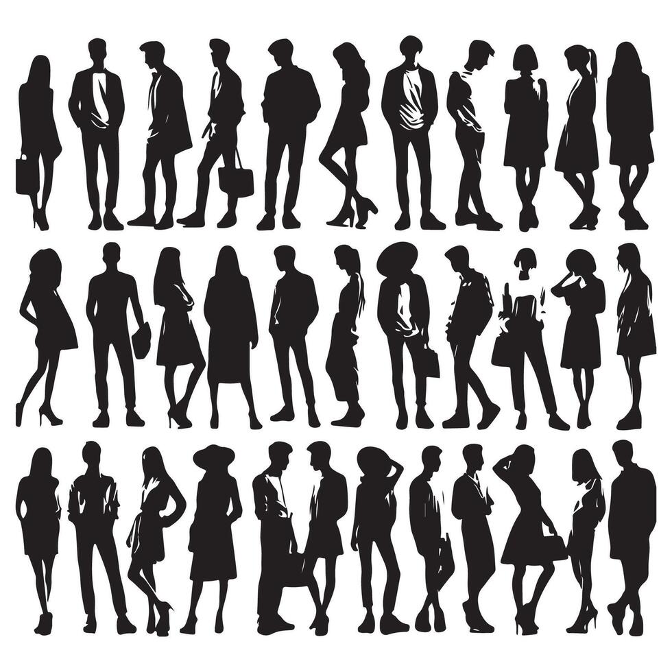 A set of silhouetted figures representing multiple people assembled vector