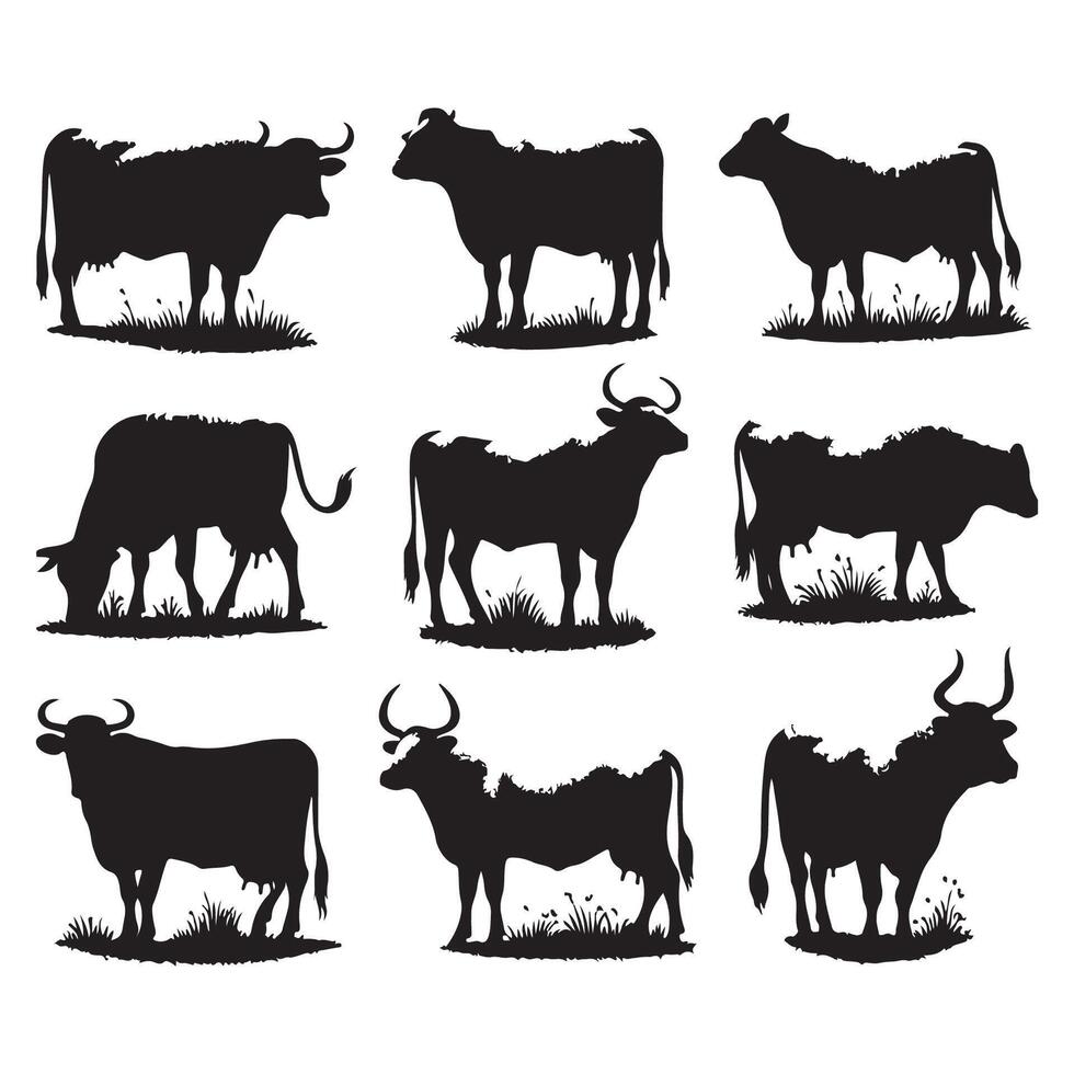 Group of illustrated cow silhouettes presented against a white backdrop vector