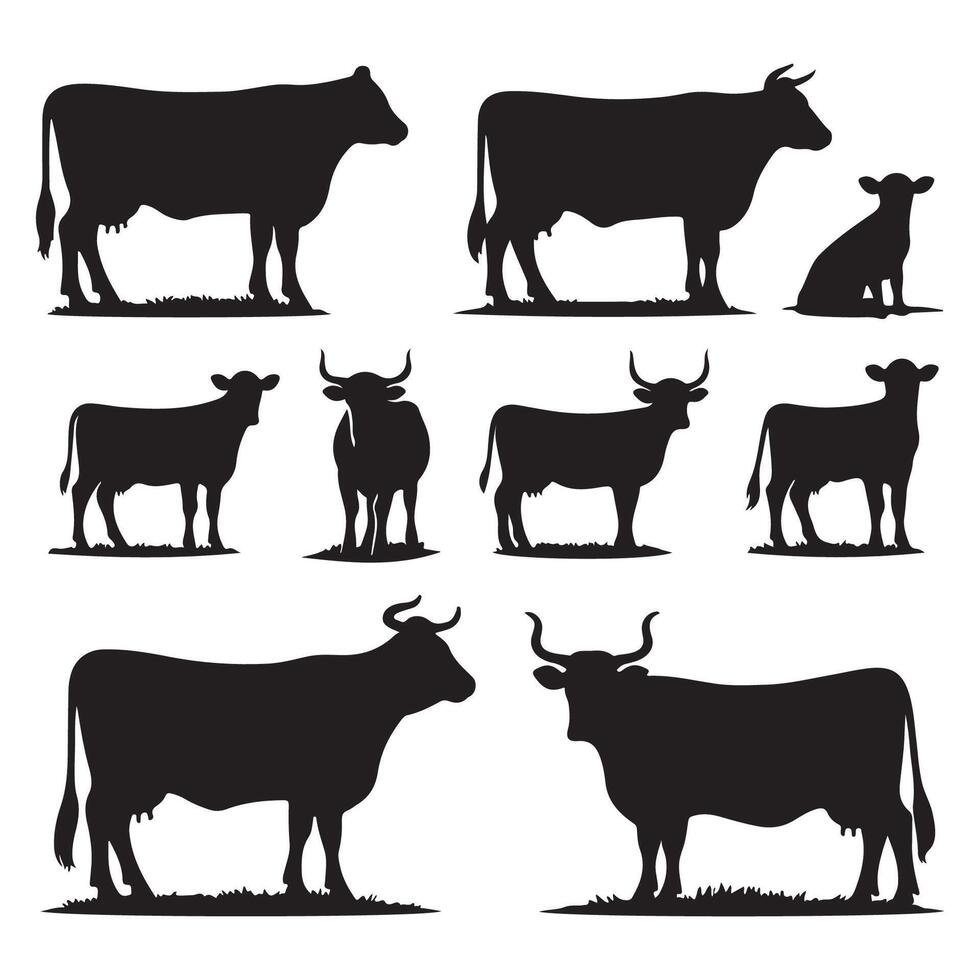 Collection of cow silhouette graphics isolated on a white canvas vector