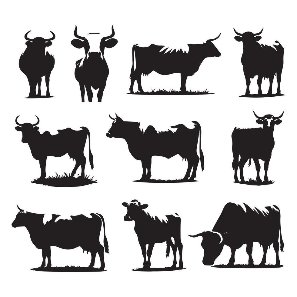 Series of cow silhouette artworks placed on a white background vector