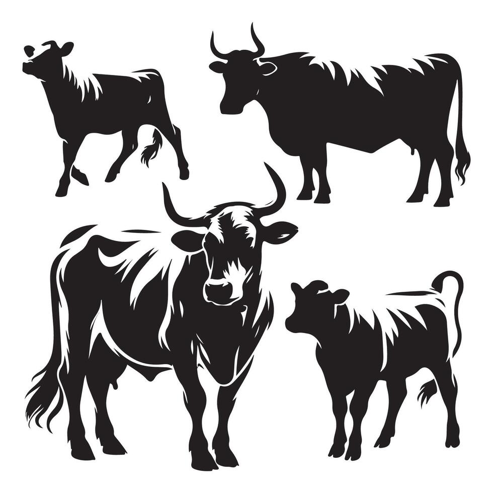 Ensemble of cow silhouette graphics displayed on a white canvas vector