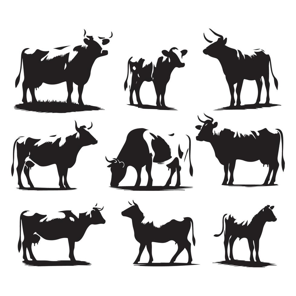 Set of artistic cow silhouettes isolated with a white background vector