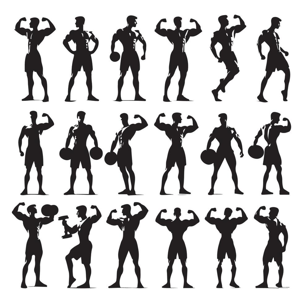 Set showcasing bodybuilder silhouettes vector