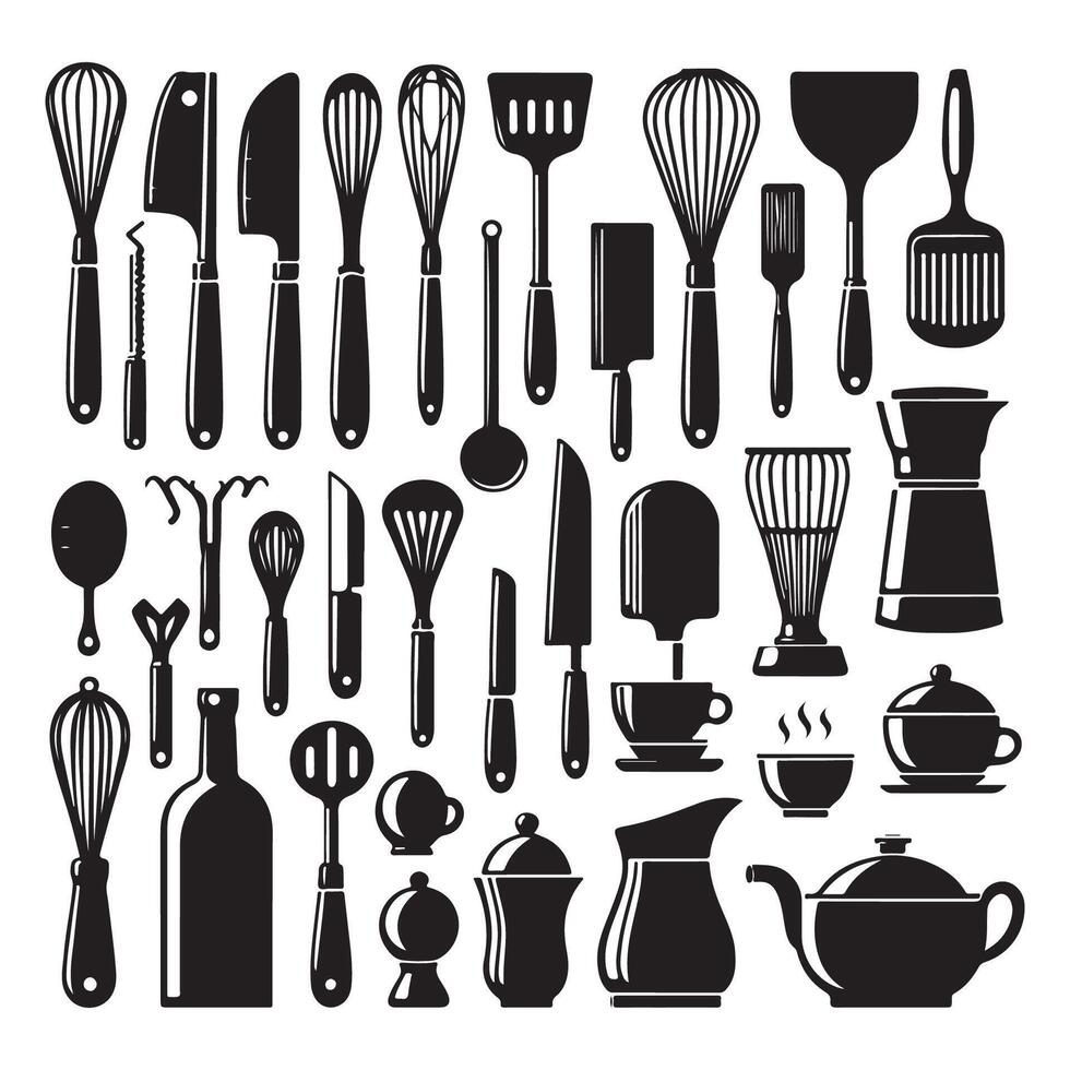 Silhouette array of kitchen implements vector